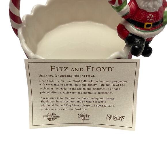 2008 Fitz And Floyd Peppermint Santa Round Christmas Ribbon Candy Dish Basket - Picture 6 of 8